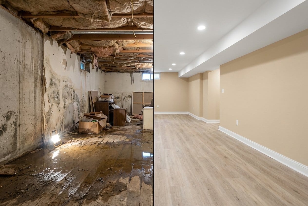 Water Damage Restoration before and after in residential basement, Englewood NJ