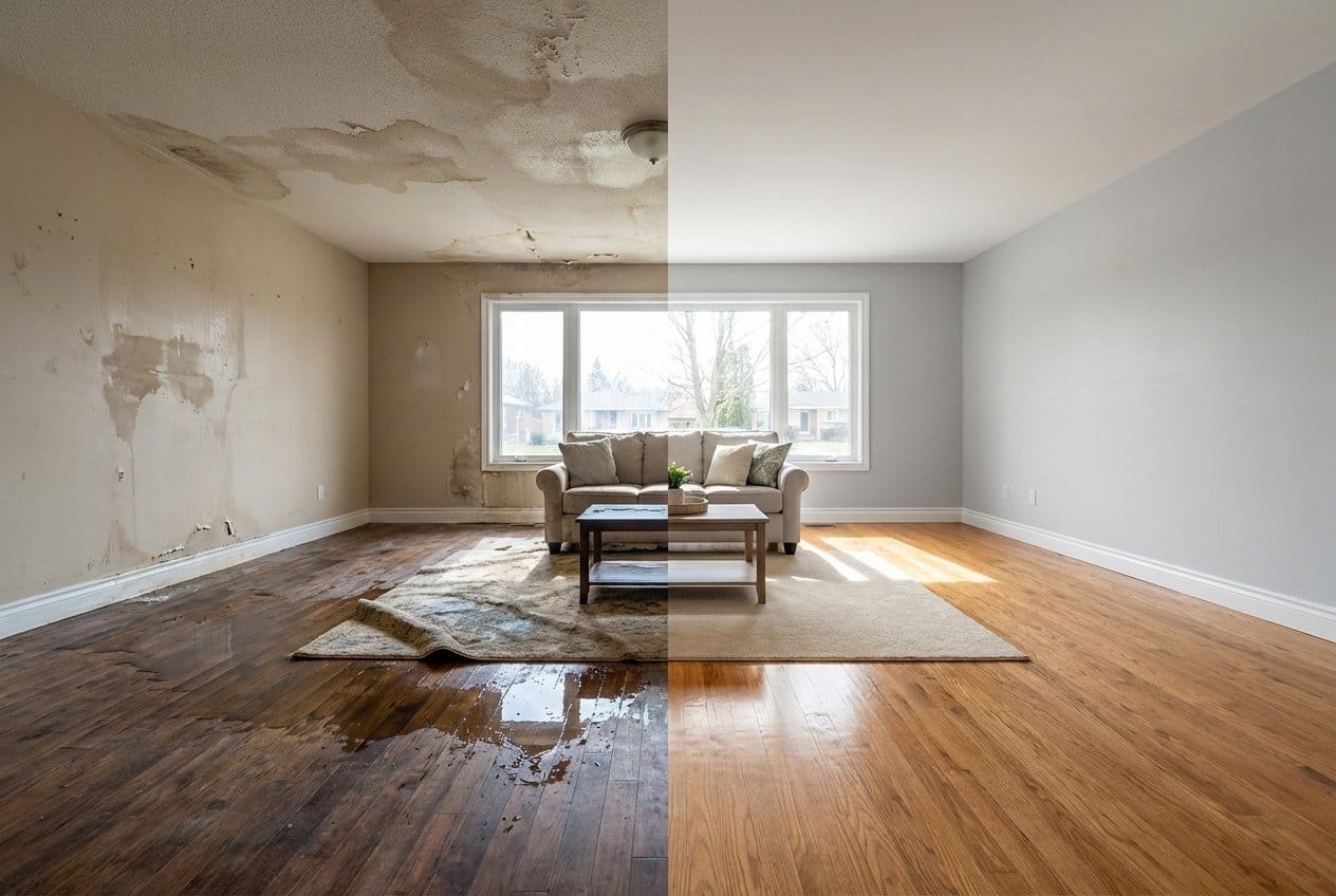 Emergency Water Removal before and after in living room, Englewood NJ