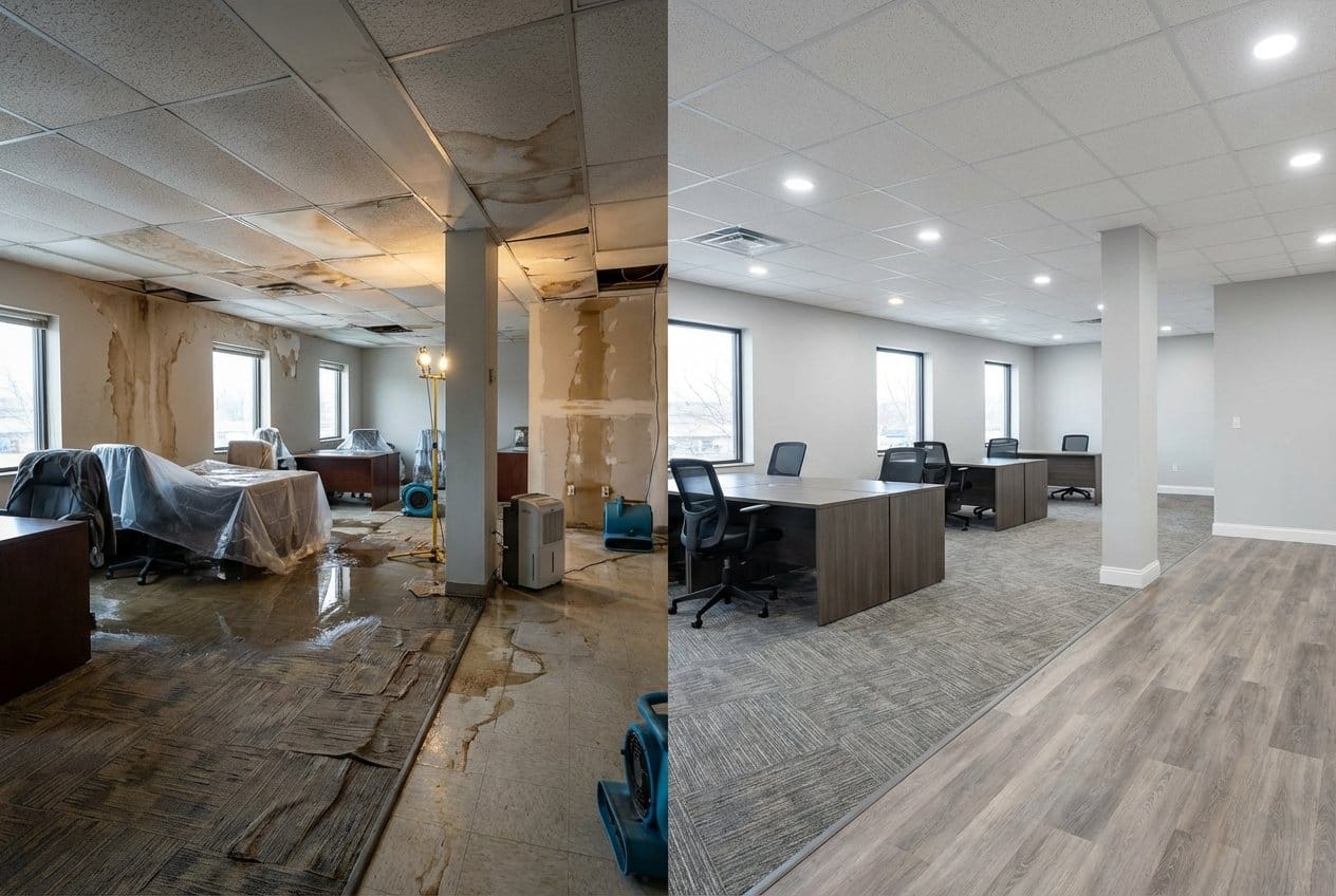 Emergency Water Removal restoration — commercial office space of Tudor home in Englewood, NJ