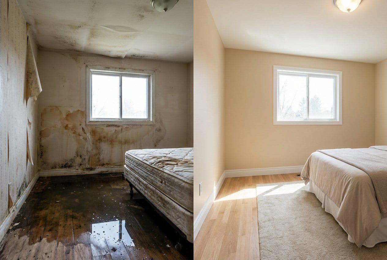 Before and after emergency water removal in Englewood two-story residence bedroom