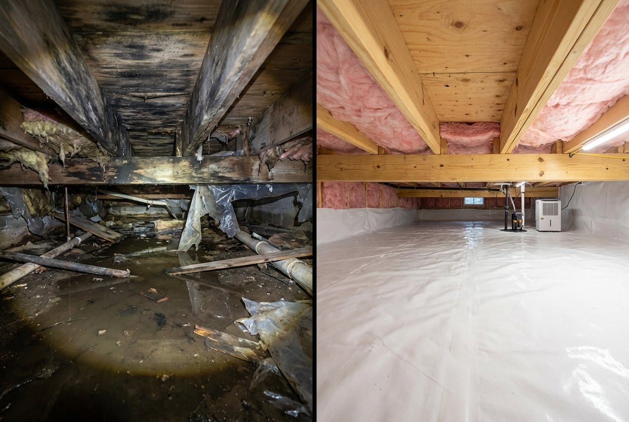 Basement Flood Cleanup restoration — crawl space of multi-family property in Englewood, NJ