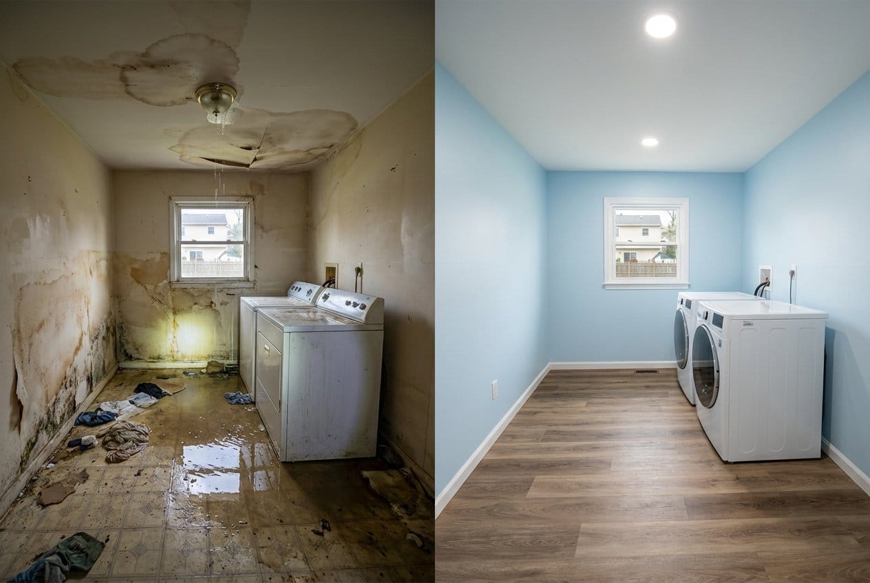 Burst Pipe & Plumbing Leak Damage restoration β laundry room of contemporary home in Englewood, NJ