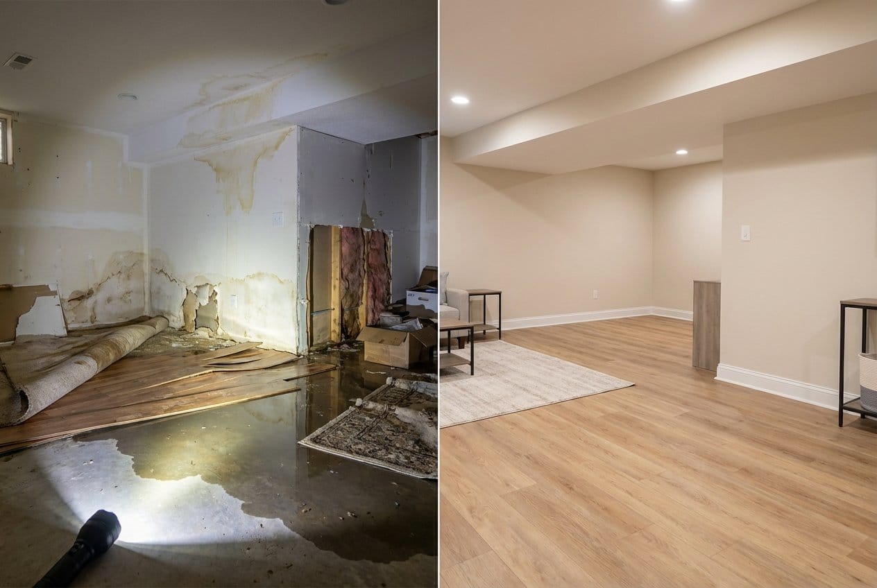Storm & Roof Leak Water Damage before and after in finished basement, Englewood NJ
