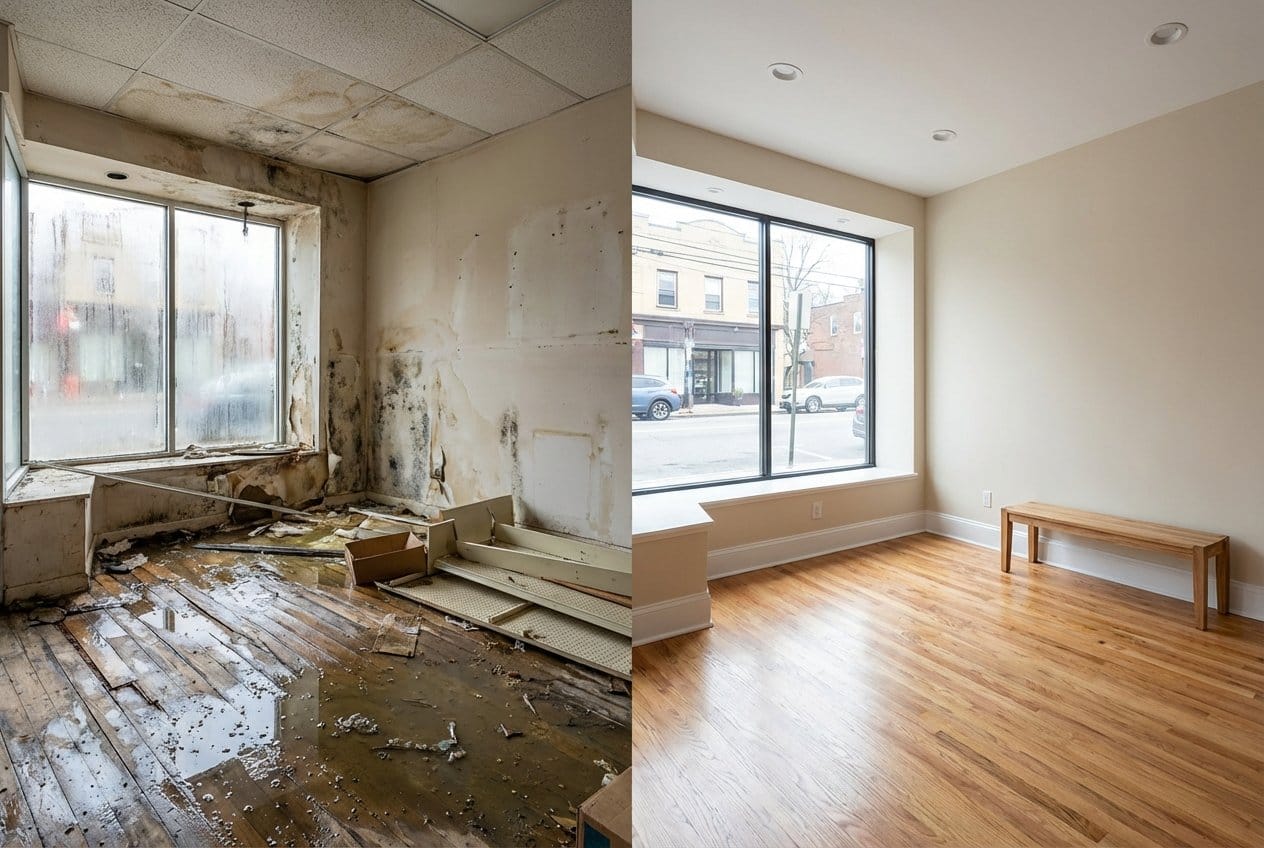 Before and after storm & roof leak water damage in Englewood Cape Cod house storefront interior