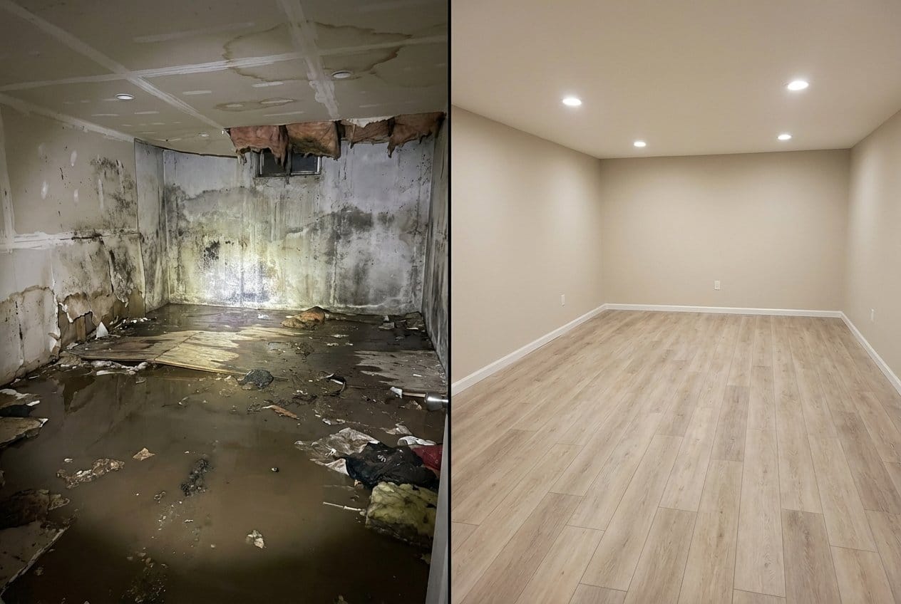 Sewage Backup Cleanup before and after in residential basement, Englewood NJ