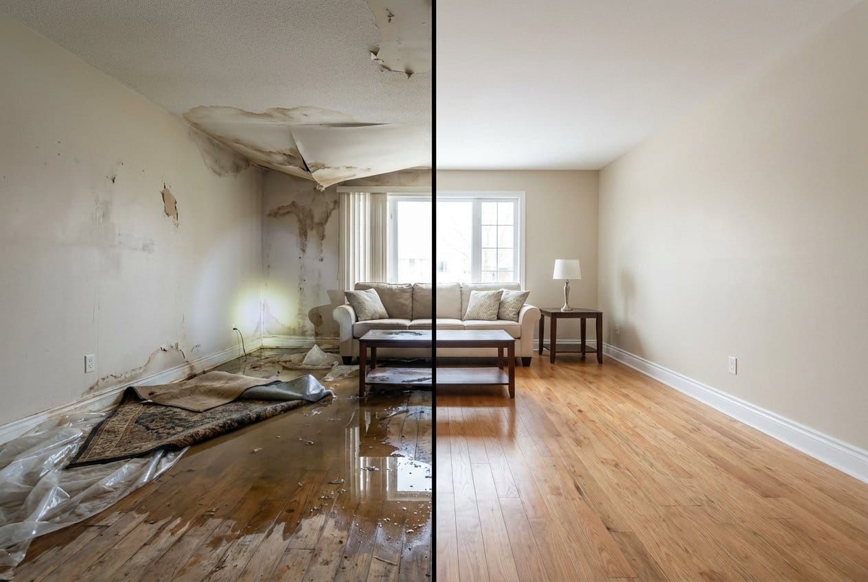 Structural Drying & Dehumidification before and after in living room, Englewood NJ