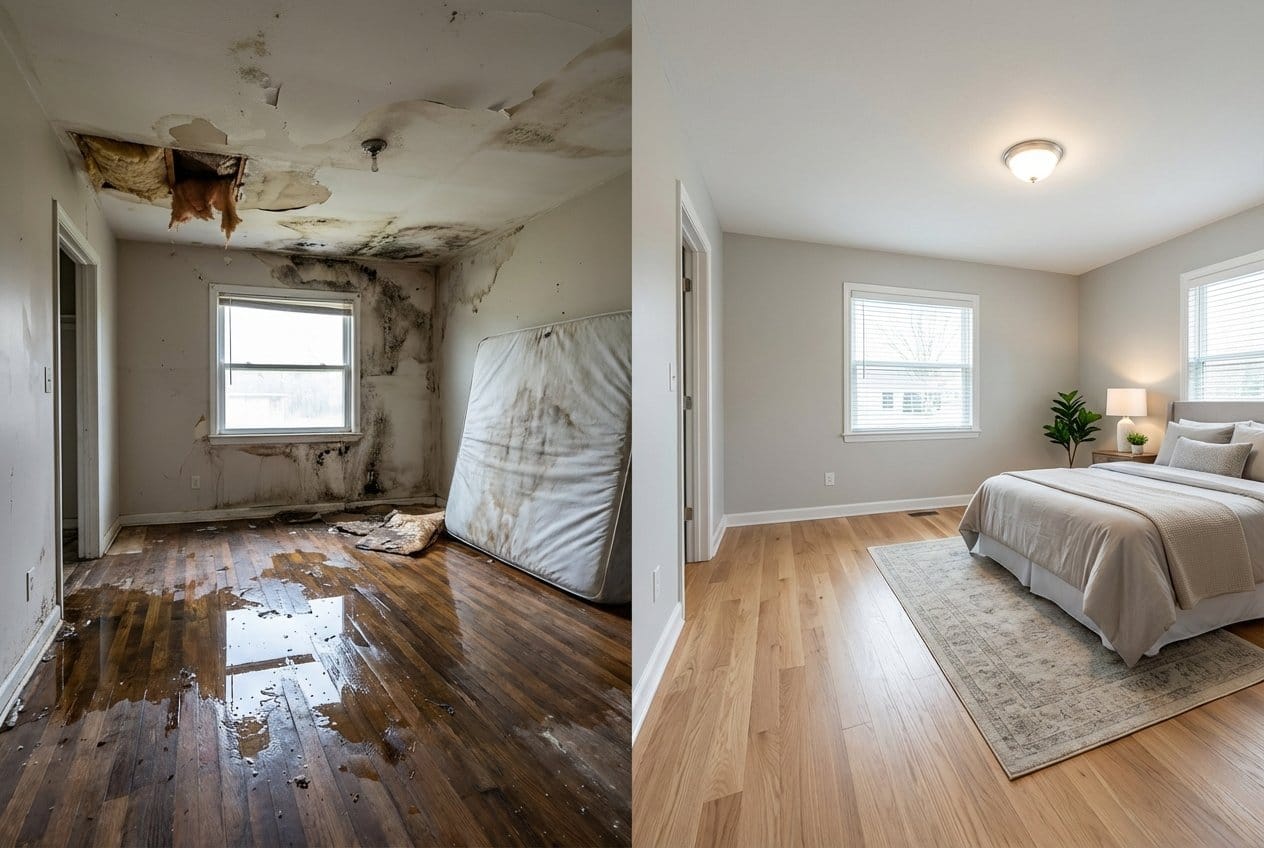 Before and after structural drying & dehumidification in Englewood bi-level home bedroom