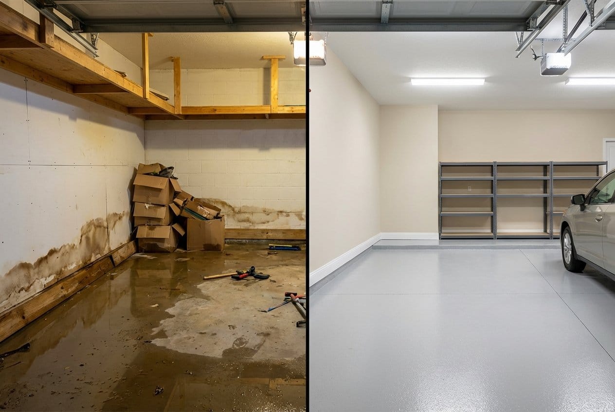 Carpet & Flooring Water Damage Cleanup before and after in garage, Englewood NJ