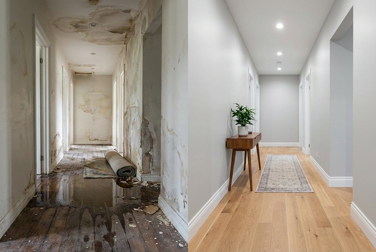 Wall & Ceiling Dry-Out before and after in hallway, Englewood NJ
