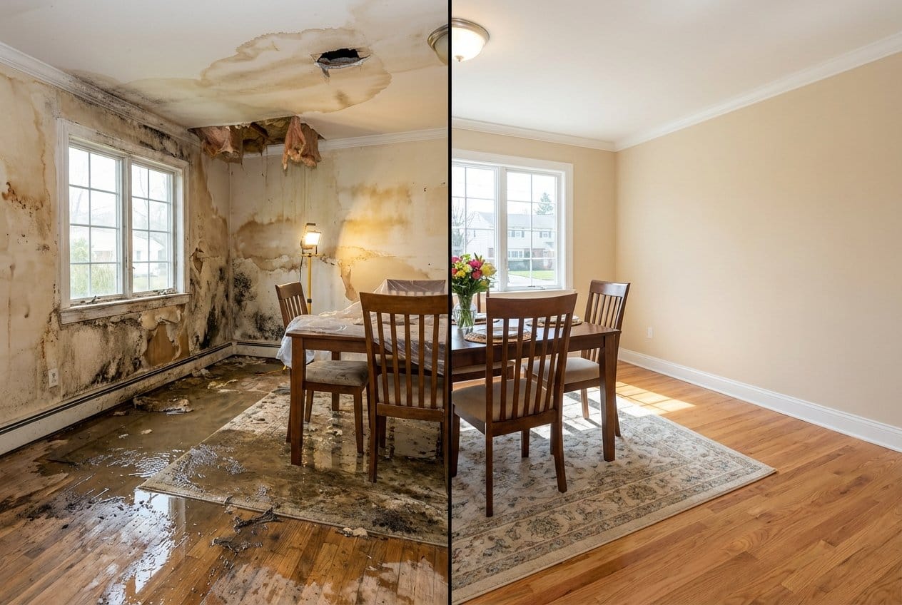 Before and after wall & ceiling dry-out in Englewood ranch-style home dining room