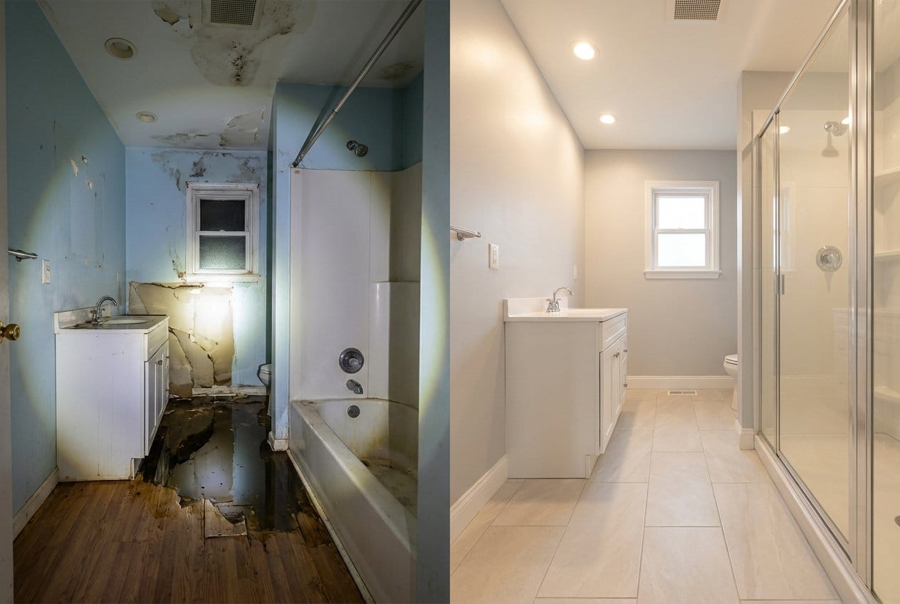 Before and after mold prevention after water damage in Englewood Victorian home bathroom